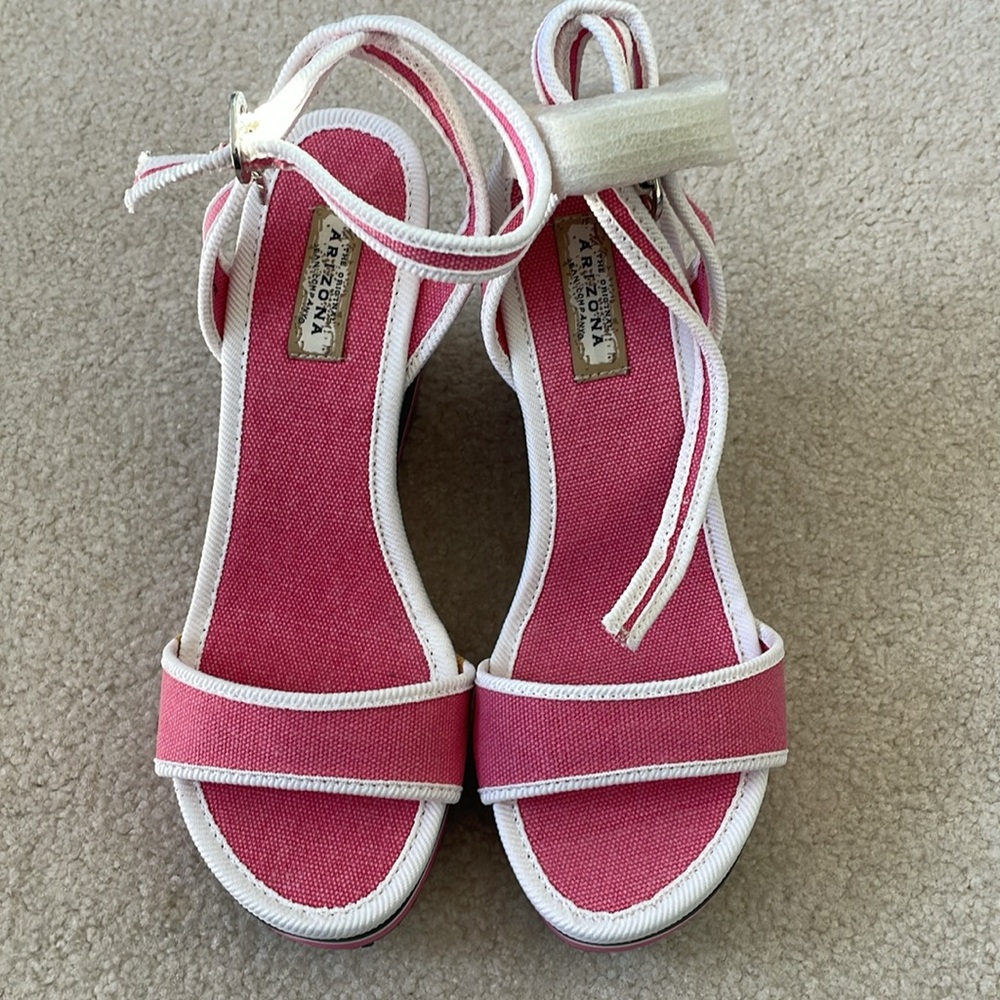 Arizona Shitaki Pink/Gray Wedge Heel Criss Cross Around Ankle Sandals 8 NIB. Y2K - Picture 2 of 9